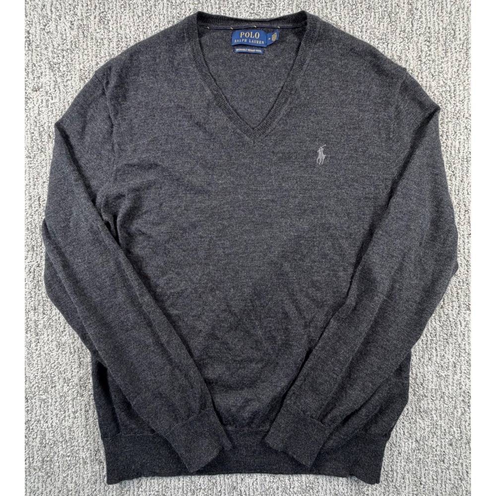 Polo Ralph Lauren Sweater Mens Medium Gray Washable Merino Wool V-Neck Pony Logo